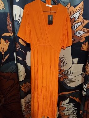 Orange V-Neck Midi Dress